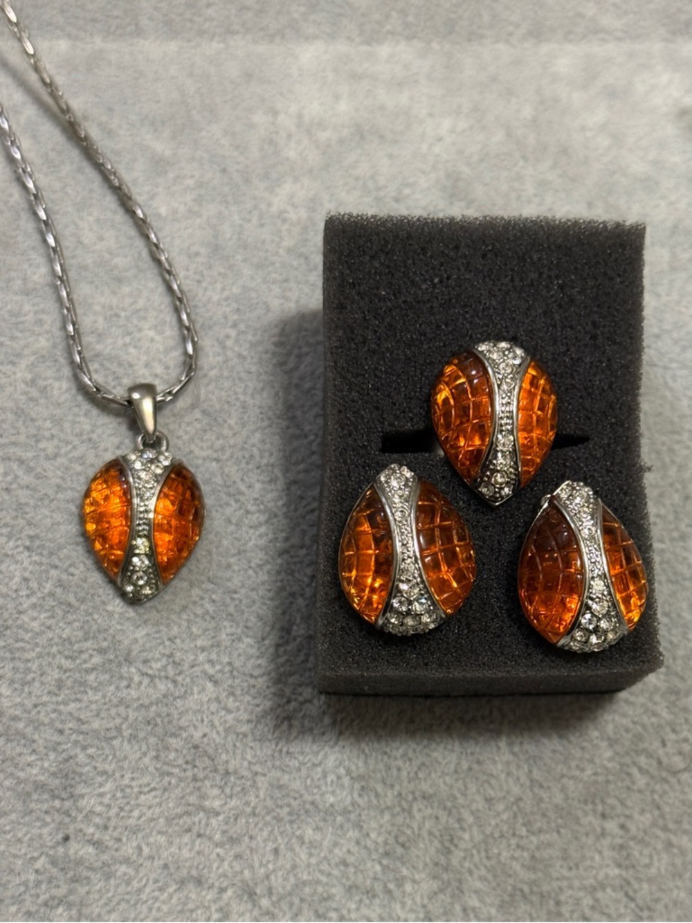 Orange Crystal Teardrop Ring, Pendant and Earrings Set